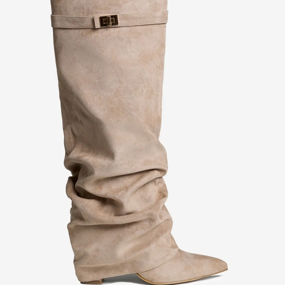 Edyisa Lavista Beige Slouchy Suede Knee High Heeled Boots - Picture 1 of 4